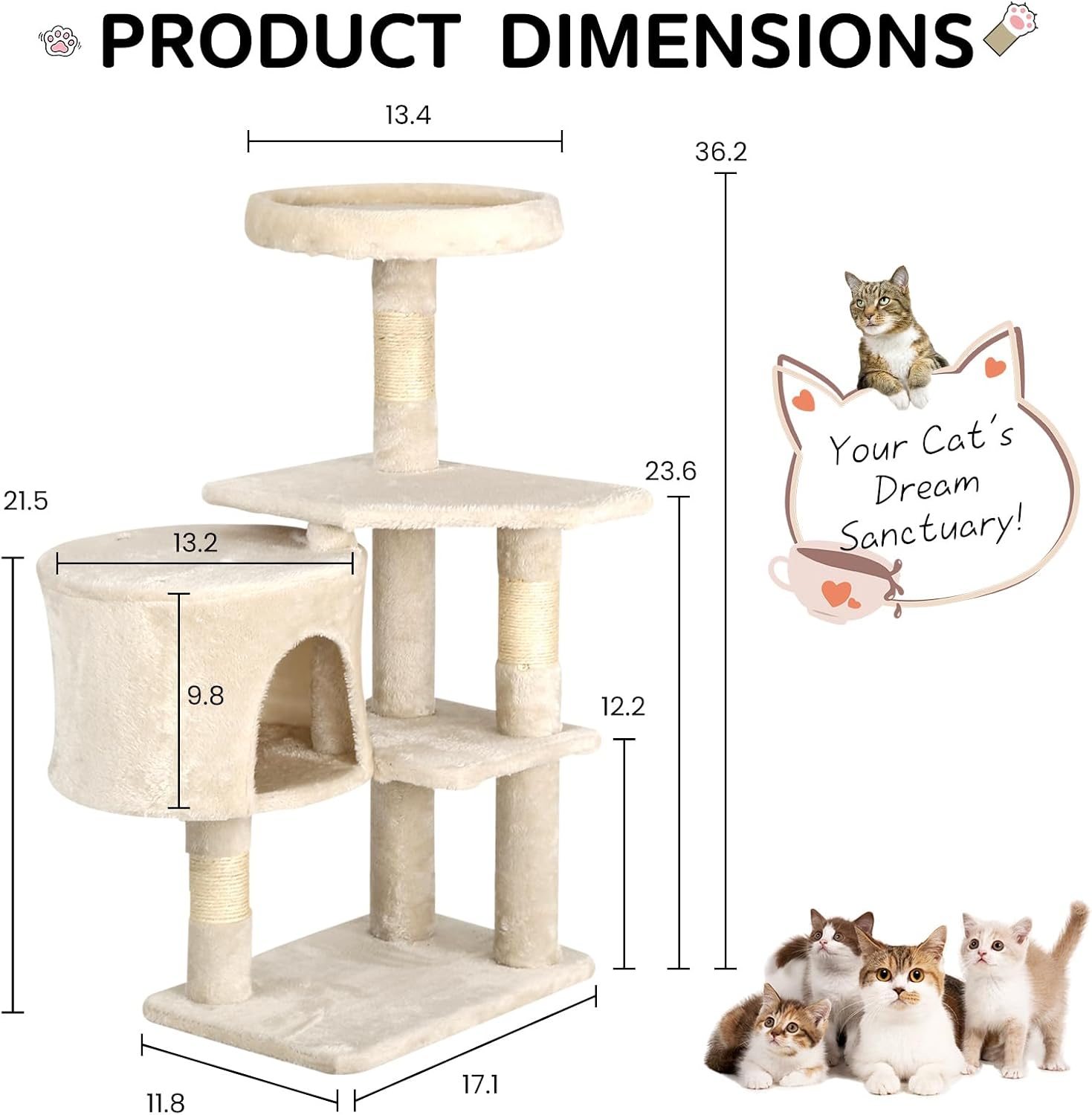 36 inch Cat Tree with Scratching Posts - Multi-Level Activity Center for Indoor Cats, Cat Condo Tower with Plush Perch (Beige)