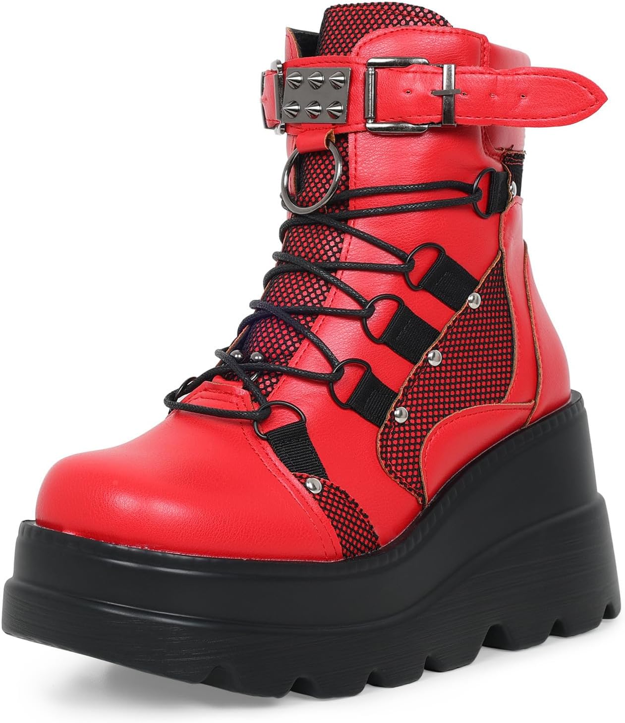 Gothniero Platform Goth Ankle Boots for Womem Black Holographic Combat Chunky Heel Boots with Side Zip Lace Up Wedge Booties US5.5-11