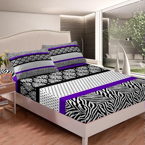Miniatura 2 de Juego de sábanas con estampado abstracto de cebra, tamaño King, para niños, adolescentes, diseño de retazos de flores, rayas, negro, blanco, morado,