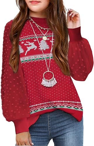 Arshiner Girls Puff Long Sleeve Sweaters Crewneck Lace Polka Dot Casual Knit Top