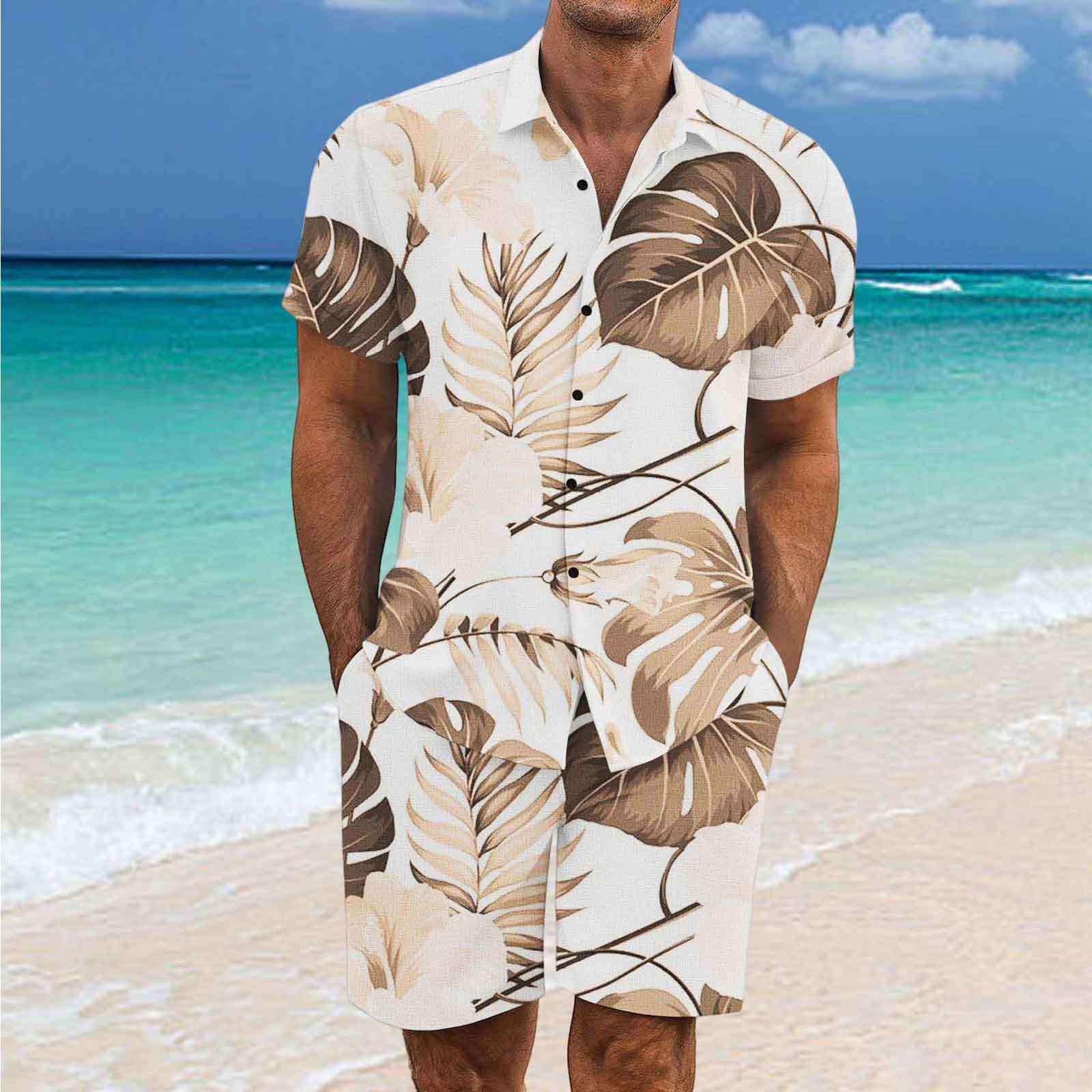 Tuta Completo Uomo da Viaggio Estivo 2 Pezzi - Set Camicia e Short Hawaiano Stampa Abbigliamento Leggero Tuta Sportivo Estiva Elegante Traspirante per Vacanze e Tempo