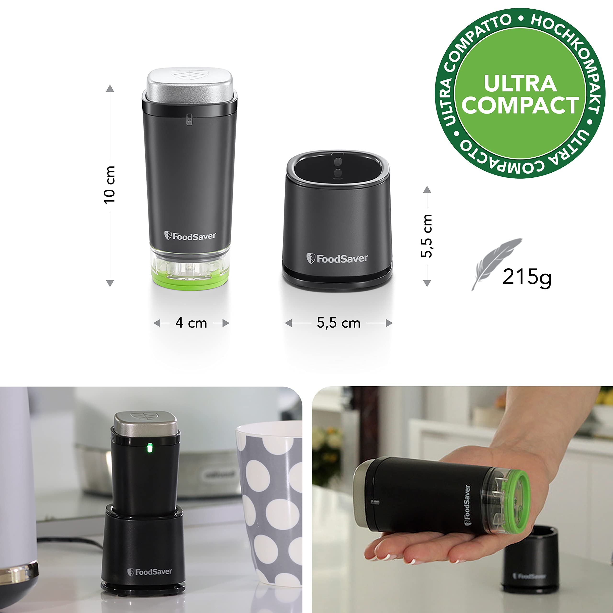 FoodSaver Appareil de mise sous vide portatif et sans fil | avec station de chargement | Machine sous vide alimentaire avec 1 récipient de conservation et 5 sacs de conservation à glissière [VS1199X]