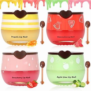 Deepmind 4PCS Bee Lip Balm Honey Pot Sleeping Mask - Propolis Moisturizing Lip Care with Honey, Strawberry, Watermelon, Apple Lime - Valentine's Gifts