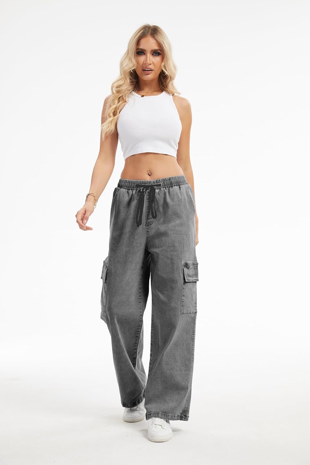 SESERAGI Straight Wide Leg Cargo Jeans Baggy Stretchy Elastic Waist Drawstring Casual Trousers Denim Pants Streetwear - Image 2