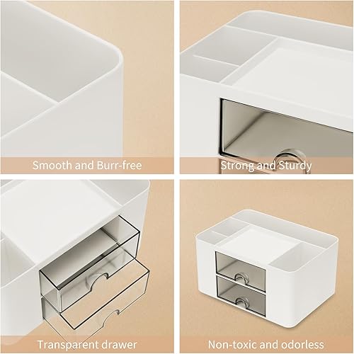 Miniatura 5 de QIYVLOS Organizador de escritorio con 2 cajones, soporte multifuncional para lápices, organizador de escritorio y almacenamiento con 5