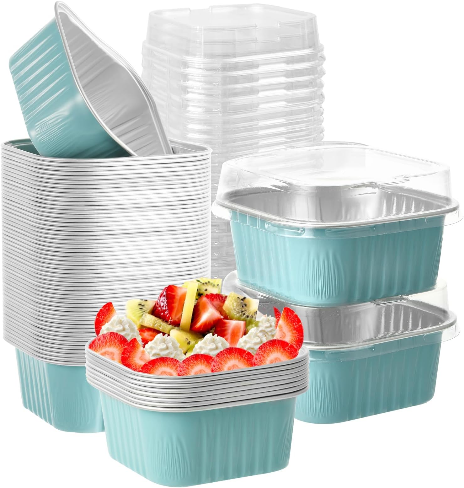 50 Pcs Aluminum Foil Mini Square Baking Cups with Lids,5oz Disposable Ramekins Cake Pans,Cupcake Baking Cups Containers for Bread Muffin Brownie Cheesecake,Blue
