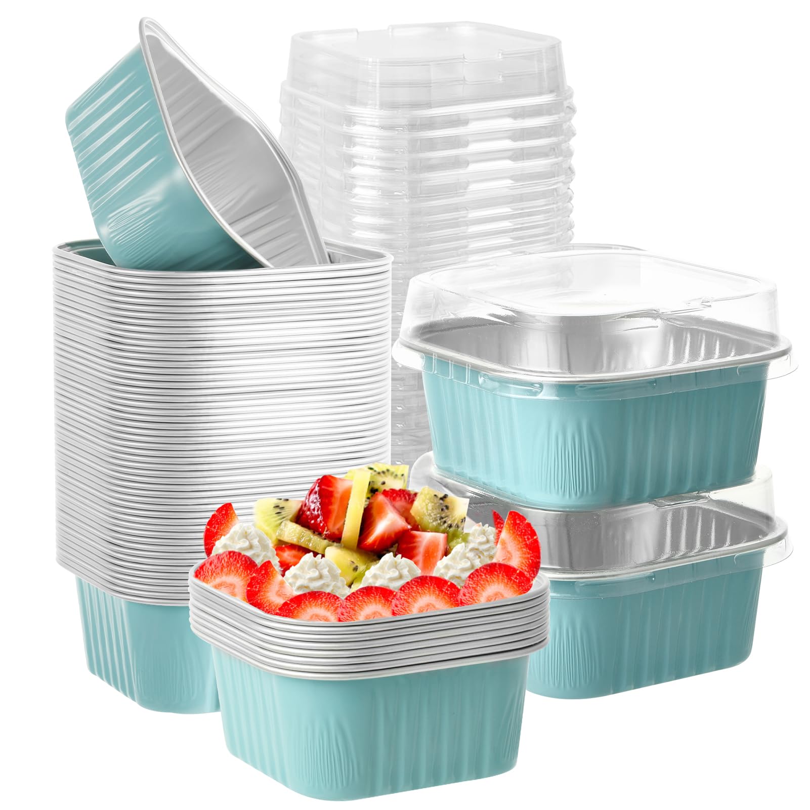 50 Pcs Aluminum Foil Mini Square Baking Cups with Lids,5oz Disposable Ramekins Cake Pans,Cupcake Baking Cups Containers for Bread Muffin Brownie Cheesecake,Blue