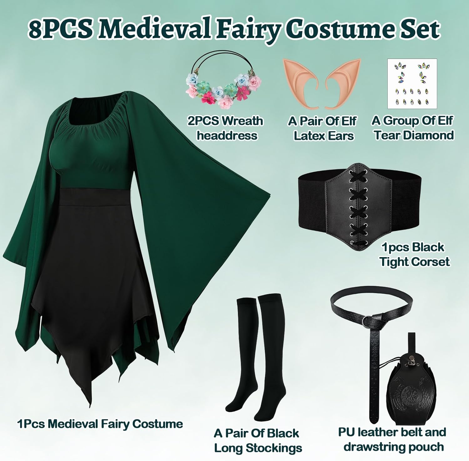 8PCS Women Elf Costume Renaissance Traditional Irish Dress Fairy Costume Halloween Medieval Dress - Image 3