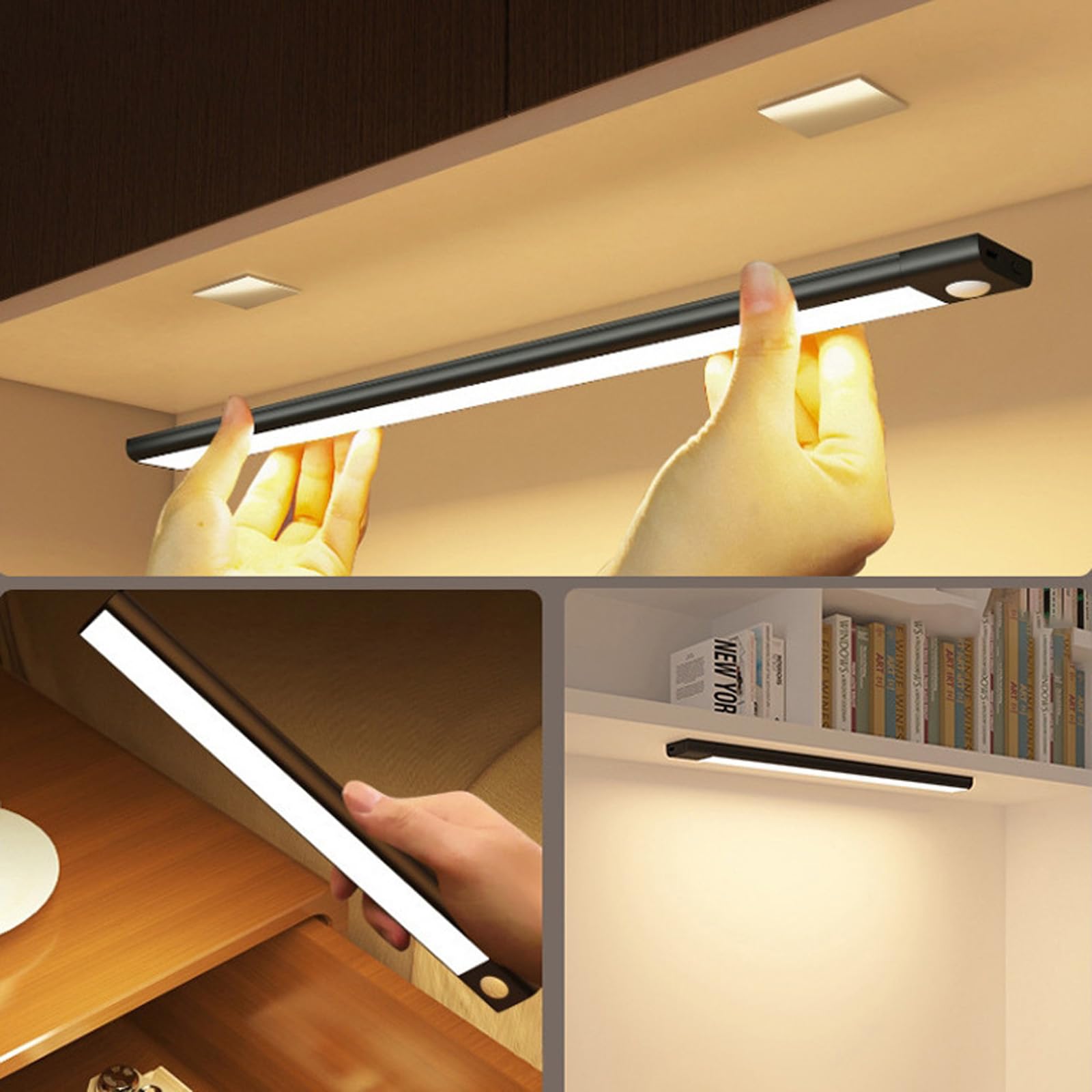 Wandlampe LED Wandleuchte mit Bewegungsmelder Wandbeleuchtung mit Schalter Dimmbar 2700K/4500K/6500K Wandleuchten Aufladbar USB für Kleiderschrank Treppe Schrank (Schwarze,80cm)
