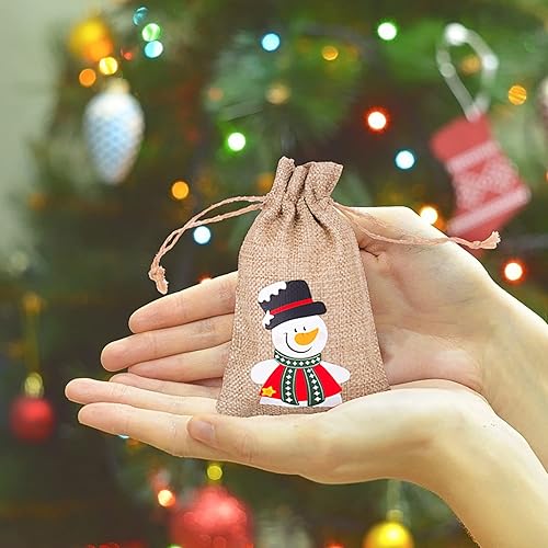 Miniatura 7 de DERAYEE 12 bolsas de regalo de arpillera de yute de Navidad con cordón, pequeñas bolsas de lona para manualidades para fiestas de Navidad,