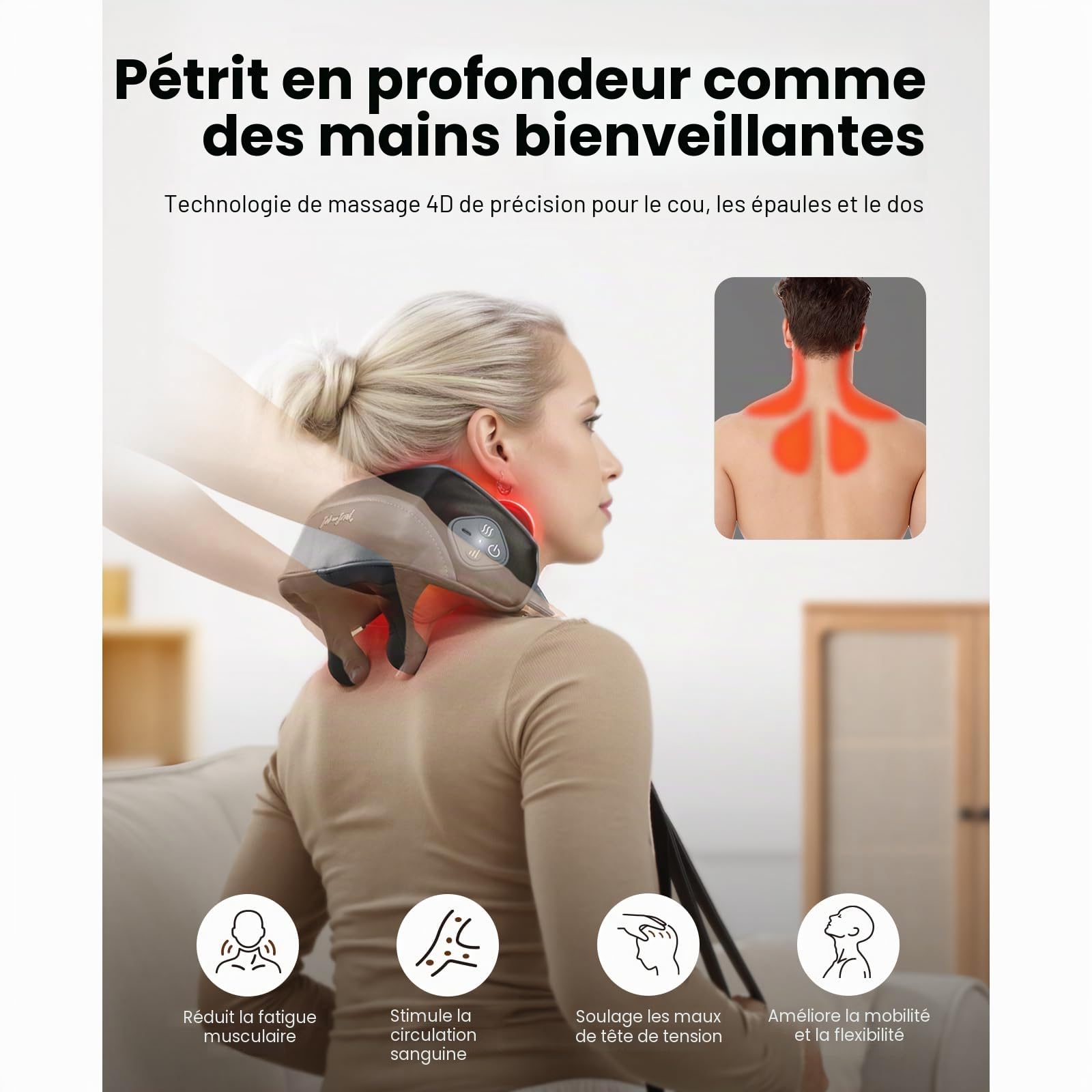 BOB AND BRAD iNeck Pro Masseur Cervical Shiatsu 4D Chauffant | Massage du Cou, Dos et Épaules Sans Fil avec Chaleur, Utilisation Mains Libres, Détente Musculaire
