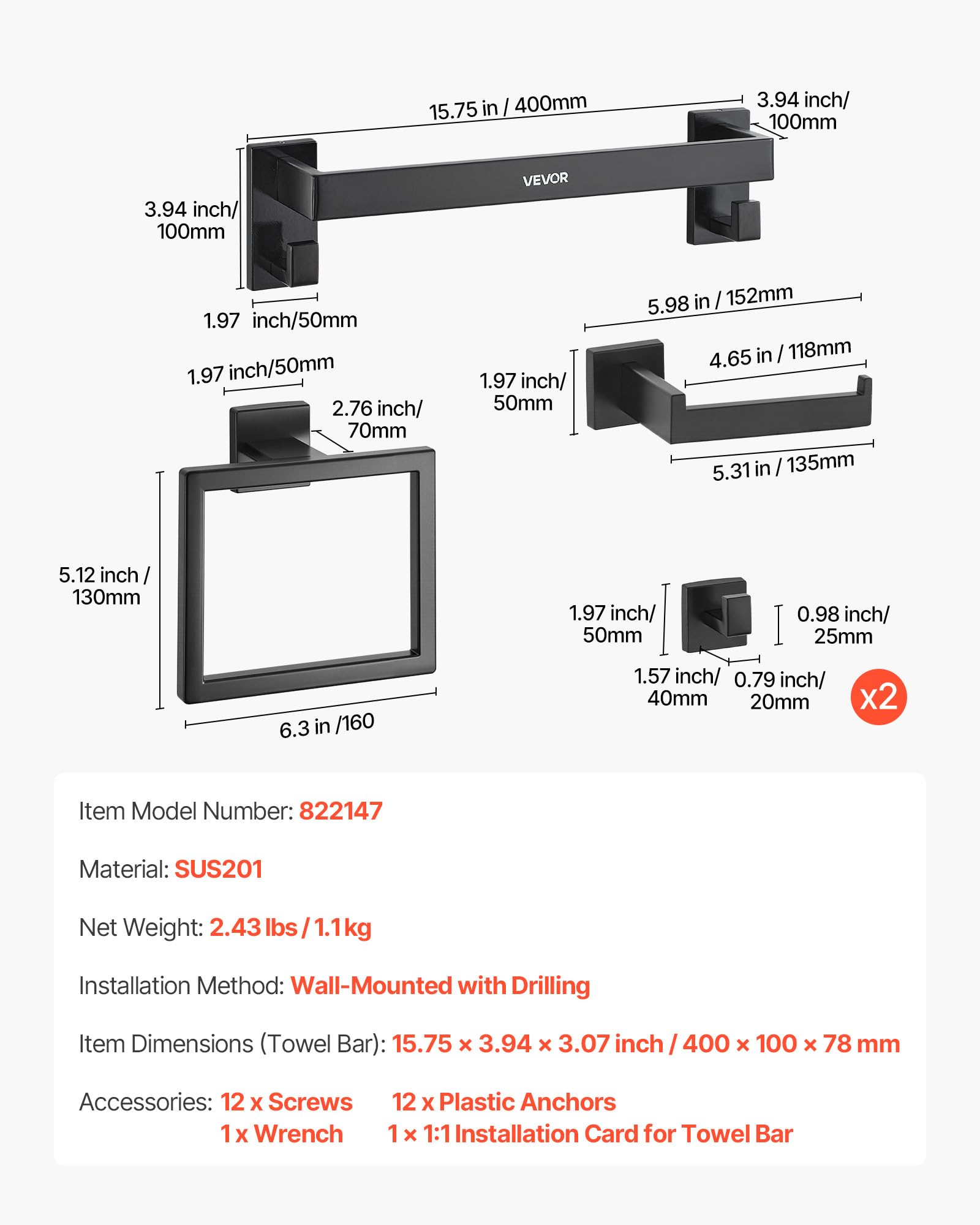 VEVOR Juego de Accesorios de Baño, Acero Inoxidable, con Toallero, Toallero Cuadrado, 2 Ganchos y Portarrollos Papel Higiénico, para Baño, Montaje en Pared, Negro Mate, 400 x 100 x 78 mm, 5 uds