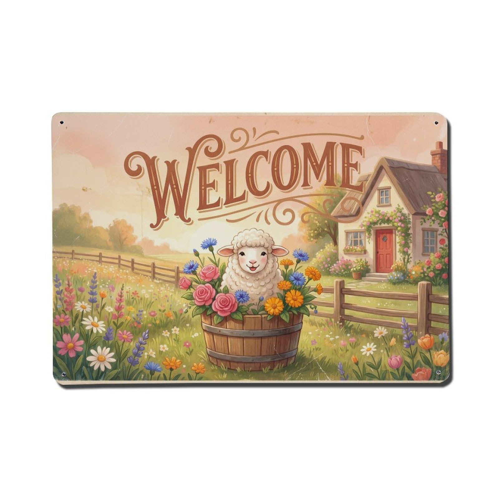Vintage Welcome Sheep Happy Home Metal Tin Sign