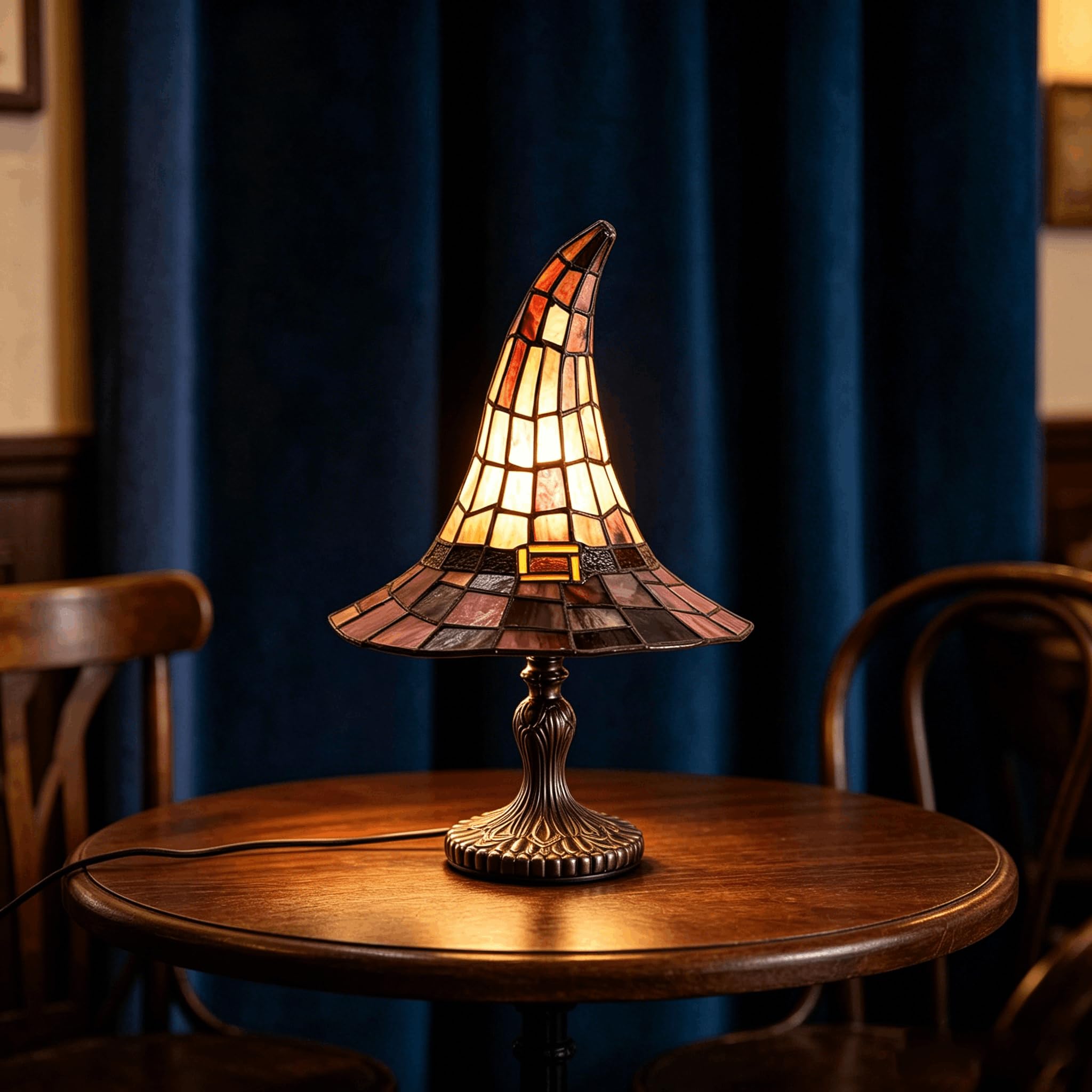 Buntglas Hexenhut Lampe, Handgefertigte Retro Gothic-Hexenhut-Lampe, USB-betriebenes Gotisches Zauberhut-Nachtlicht, Halloween Deko für Schlafzimmer & Bücherregal