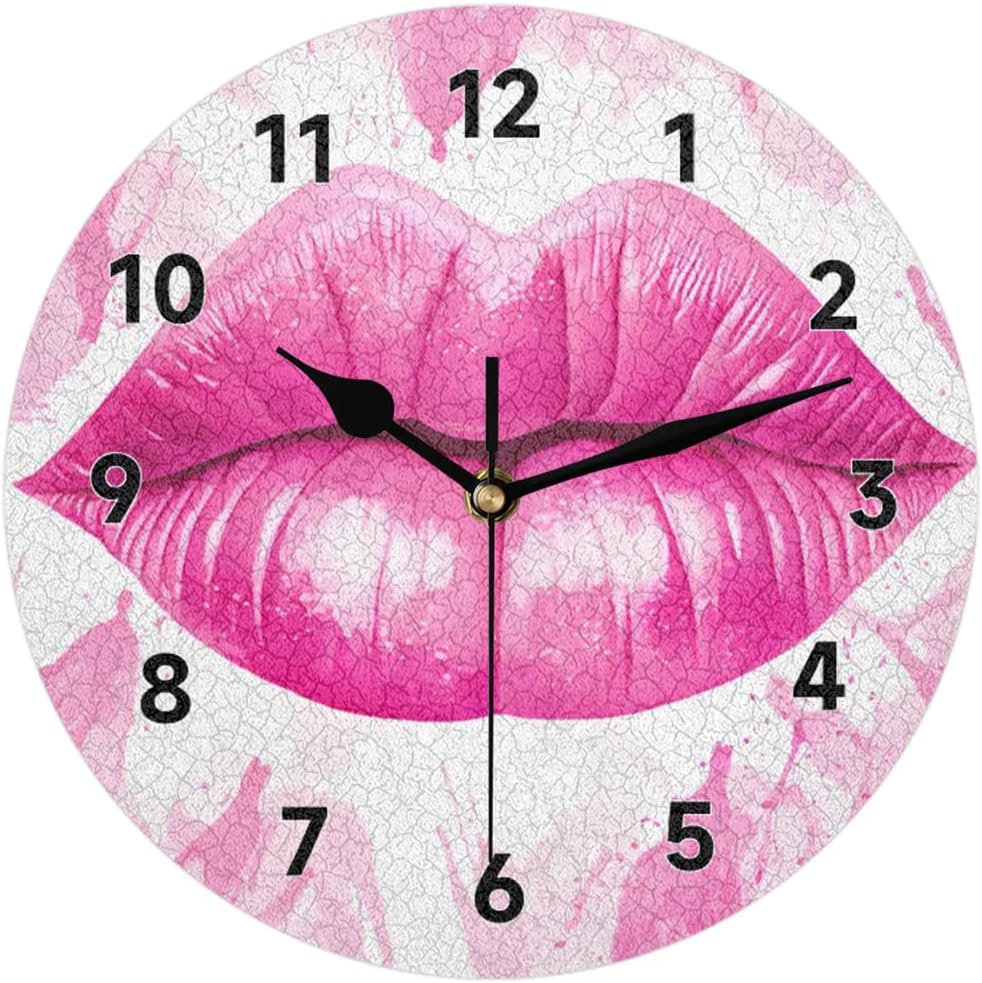 Wall Clock Silent Pink Lips Non Ticking Battery Operated Decorative Clock for Living Room, Bedroom,Kitchen,Farmhouse,Office,Home Decor-12 Inch