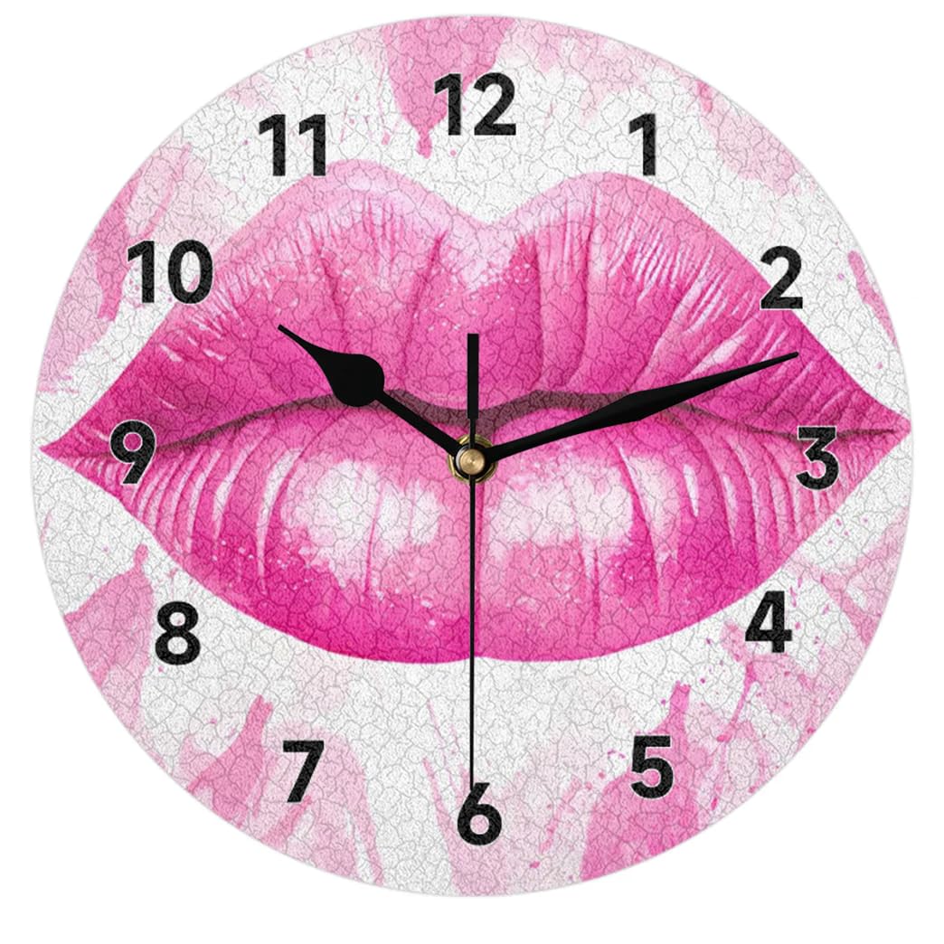 oooJHooo Wall Clock Silent Pink Lips Non Ticking Battery Operated Decorative Clock for Living Room, Bedroom,Kitchen,Farmhouse,Office,Home Decor-12 Inch