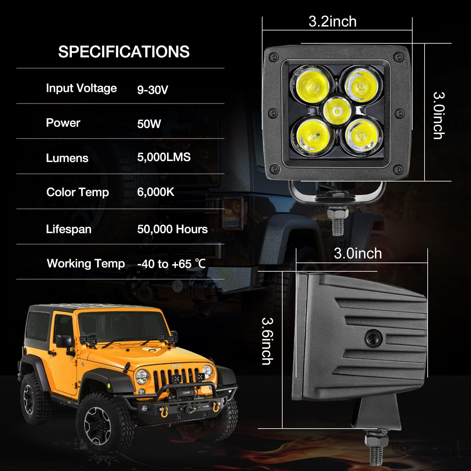 LED Cubes, 2Pcs 50W 3 Inch LED Pods Off Road Driving Lights Square Work Light Spot Cube Light Bar Waterproof Fog Lights For Truck SUV ATV UTV Marine Car