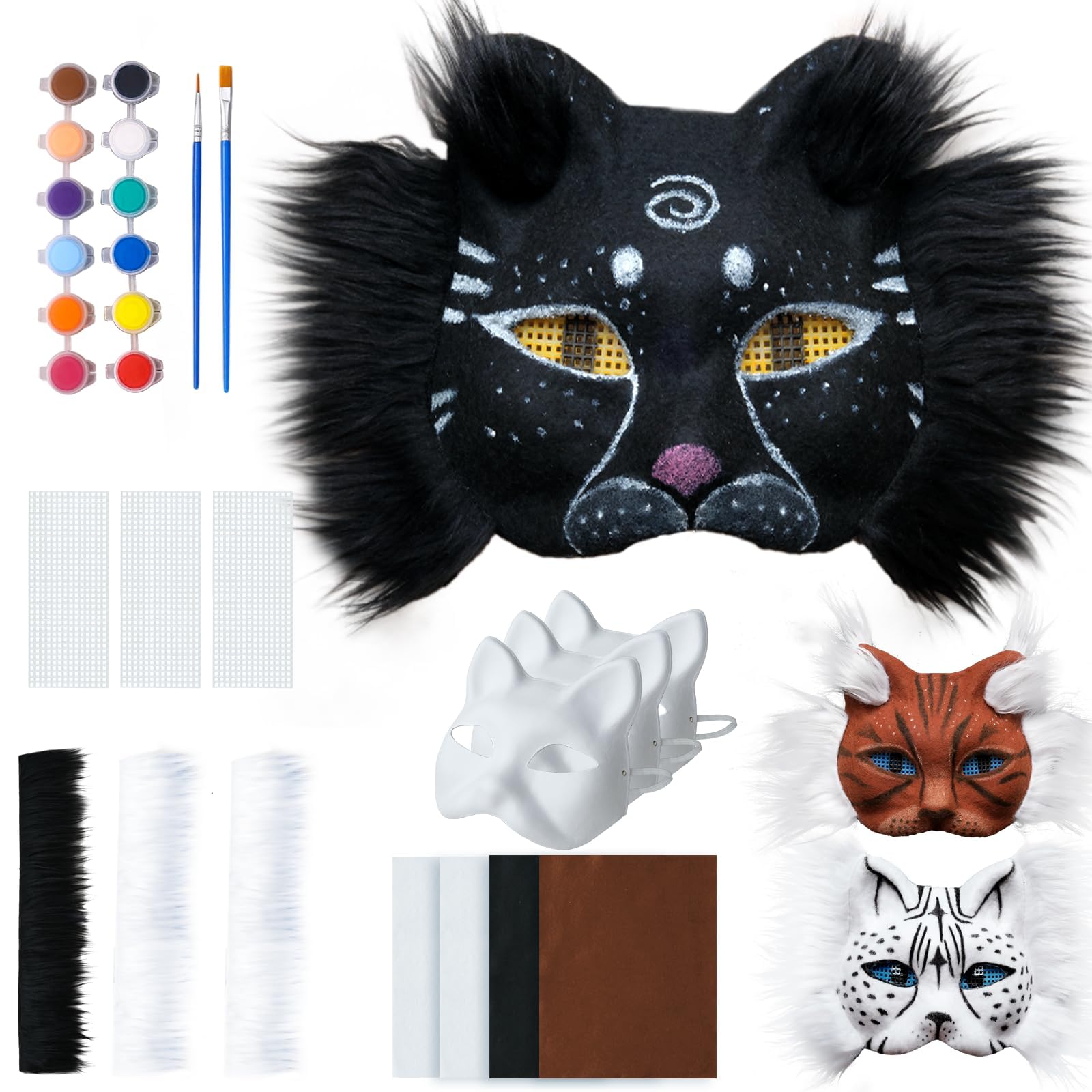 NALACAL Felted Therian Mask DIY Kit, Cat Mask Starter Kit White Blank Cat Masks for Painting with 3-Colored Felt and Eye Mesh, DIY Masks for Halloween Masquerade Party, Animal Cosplay 3pcs