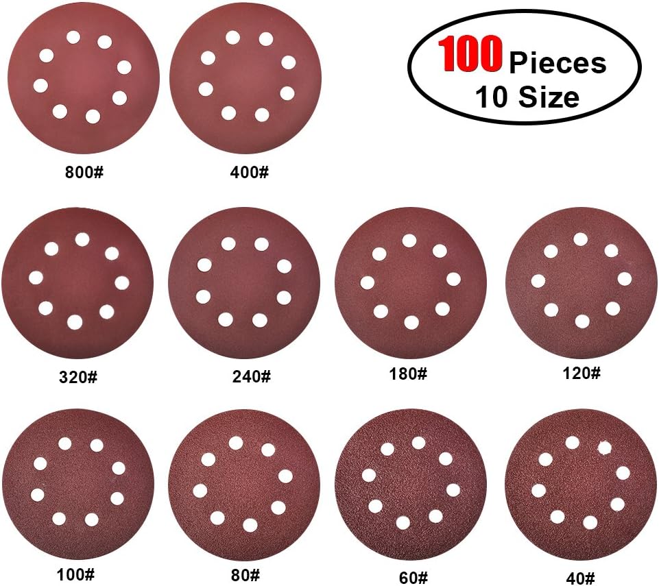Jinxgu 100pcs Sanding Discs Sandpaper Hook and Loop Pads for Circular Sander Grits Sanding Sheets 10 Sizes - 40 / 60 / 80 / 100/ 120 / 180 / 240 / 320 / 400 / 800 Grits (Brown)