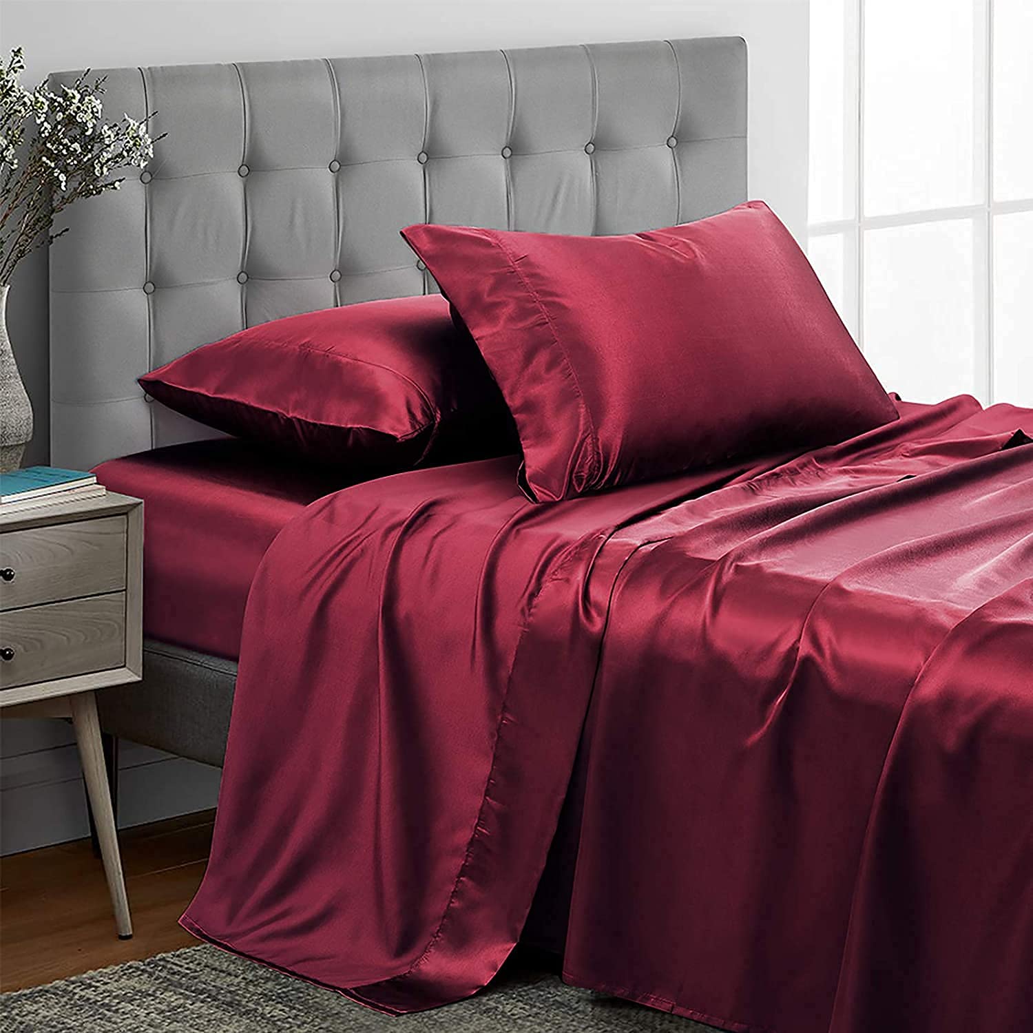 Bedify Bedding 100% Pure Silk Satin Sheet Set 4pcs, Silk Fitted Sheet 15'' Deep Pocket,Silk Flat Sheet & Pillowcases Set !!! Full XL, Burgundy