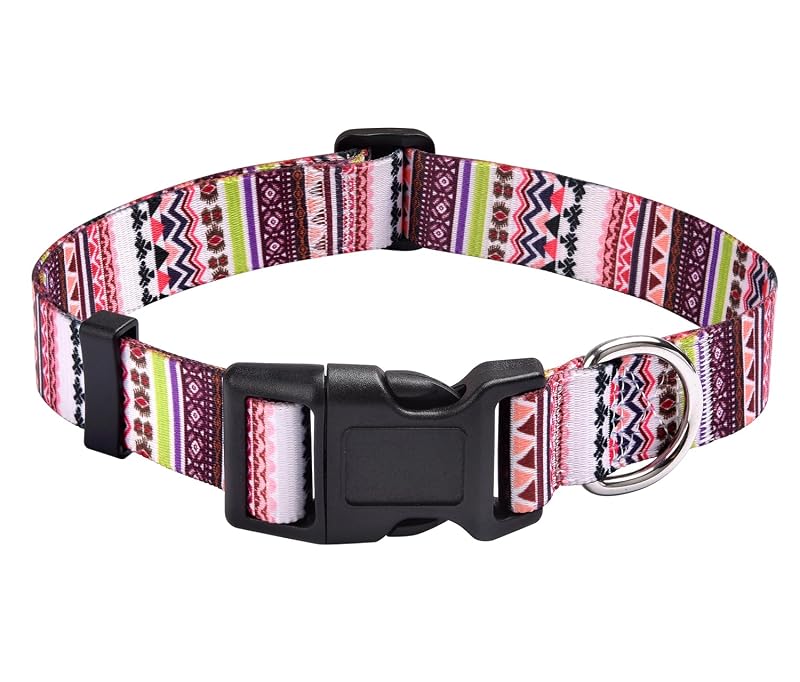 Coleira básica para cães pequenos em poliéster com estampa floral tribal, Mihqy, Pink Bohemia, XS