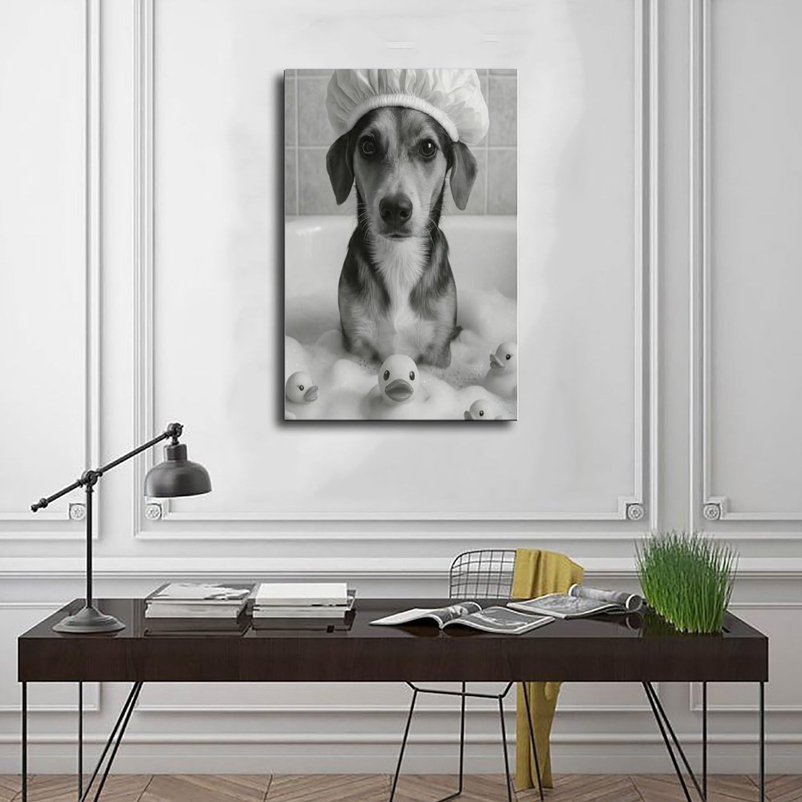 Lustiger Hund in der Badewanne, niedlicher Welpe mit Duschhaube, Leinwandposter, Wandkunst, Dekordruck, Bild Gemälde für Wohnzimmer, Schlafzimmer, Dekoration, 50,8 x 76,2 cm (L x B)