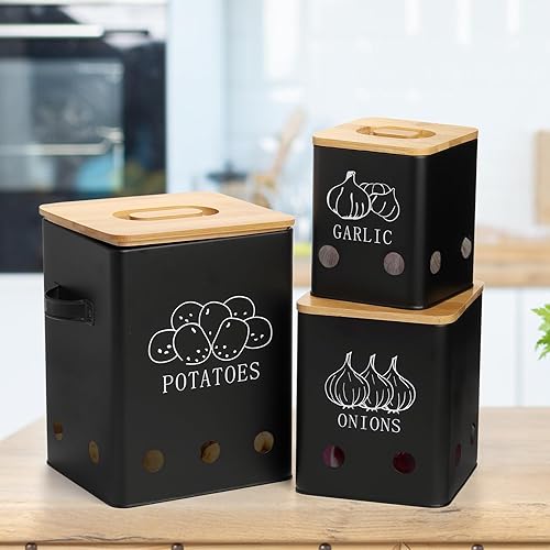 Miniatura 6 de WUWEOT Paquete de 3 latas de almacenamiento de verduras, botes de almacenamiento de patatas cebollas y ajos, organizador de verduras frescas de