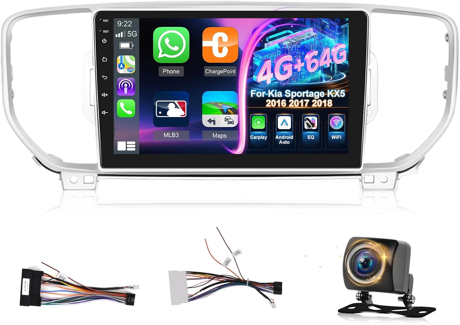 [4+64] Car Radio for Kia Sportage KX5 2016 2017 2018, Volxcereo 9 inch Touchscreen Stereo with Carplay/Android Auto, GPS Navigation, Bluetooth 5.0, WiFi Hotpots, SWC, FM/RDS Radio