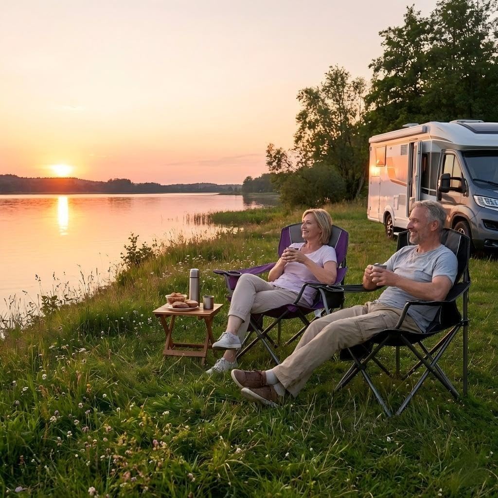 2 Pack Padded Oversized Camping Chairs for Adults,Heavy Duty Support 400 Lbs,Folding Portable Lawn Chair w/Cup Holder,Cooler Bag,Side Pocket,Perfect for Outdoor Picnic,Hiking(Purple&Black) - Image 2