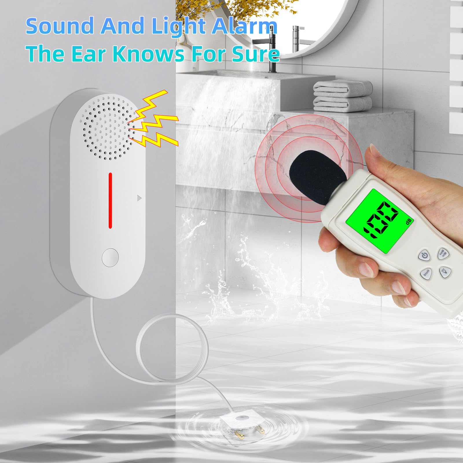 Cuteefun Detector de Fugas de Agua WiFi, Alarma de Bajo Nivel de Agua, Alarma de Agua Fuerte de 100dB, Sensor de Agua Inalámbrico con Control Remoto Tuya/Aplicación Smart Life para Baño, Cocinas