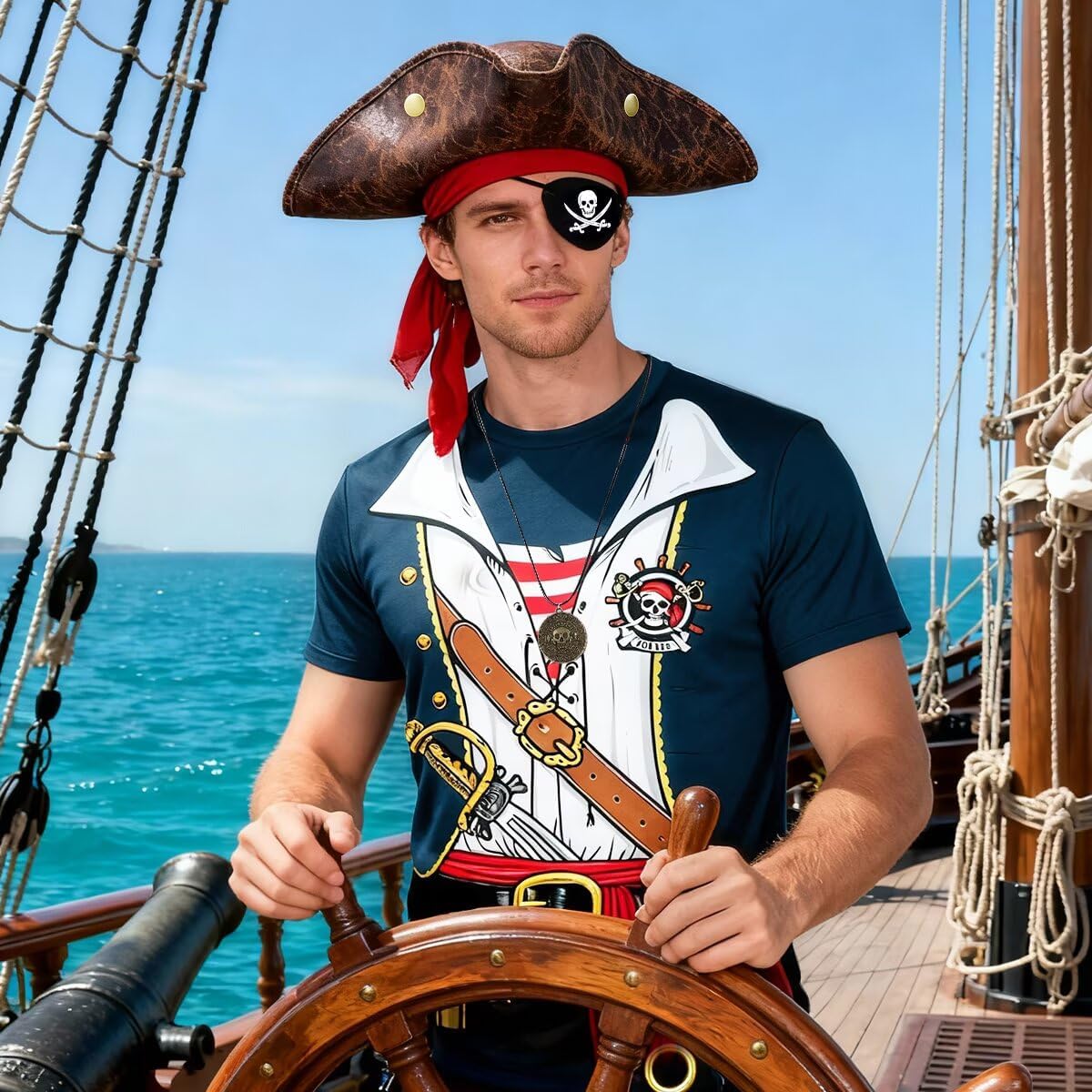 5Pcs Pirate Costume Men Anime Captain Shirt Pirates Hat Skull Necklace Head Scarf Eye Patches Cosplay Party - Image 4