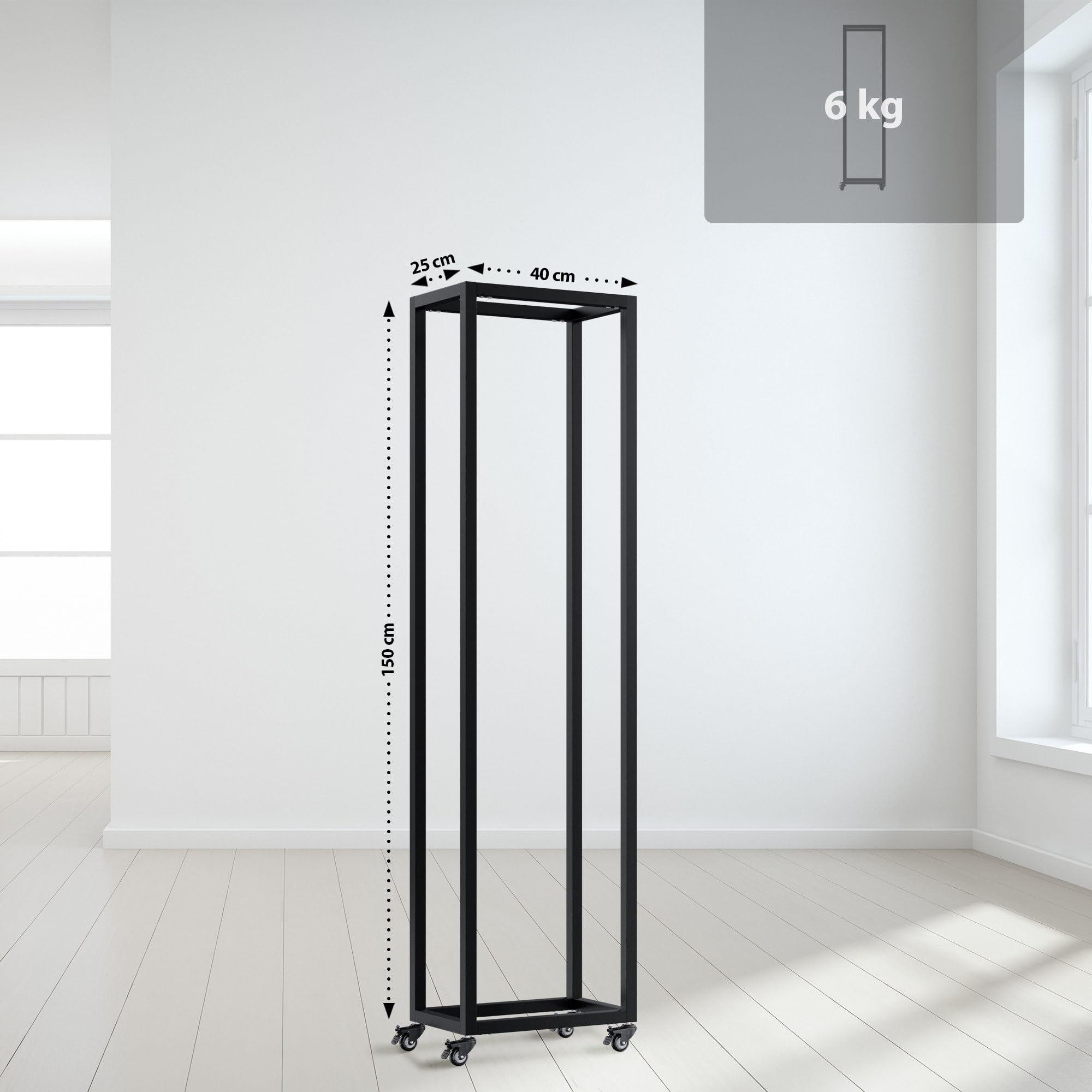 CLP Portalegna da Interno in Metallo con Ruote Hilta, scaffale in Metallo Robusto, stoccaggio Legna da ardere in Salotto Colore Nero Dimensione 25x40x150 cm