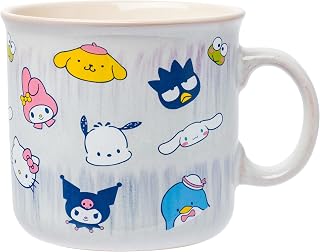 Silver Buffalo Sanrio Hello Kitty and Friends Featuring My Melody, Badtz-Maru, Pochacco, Keroppi, Pompompurin, Cinnamoroll, Kuromi, and Tuxedo Sam Reactive Glaze Ceramic Camper Mug, 20 Ounces