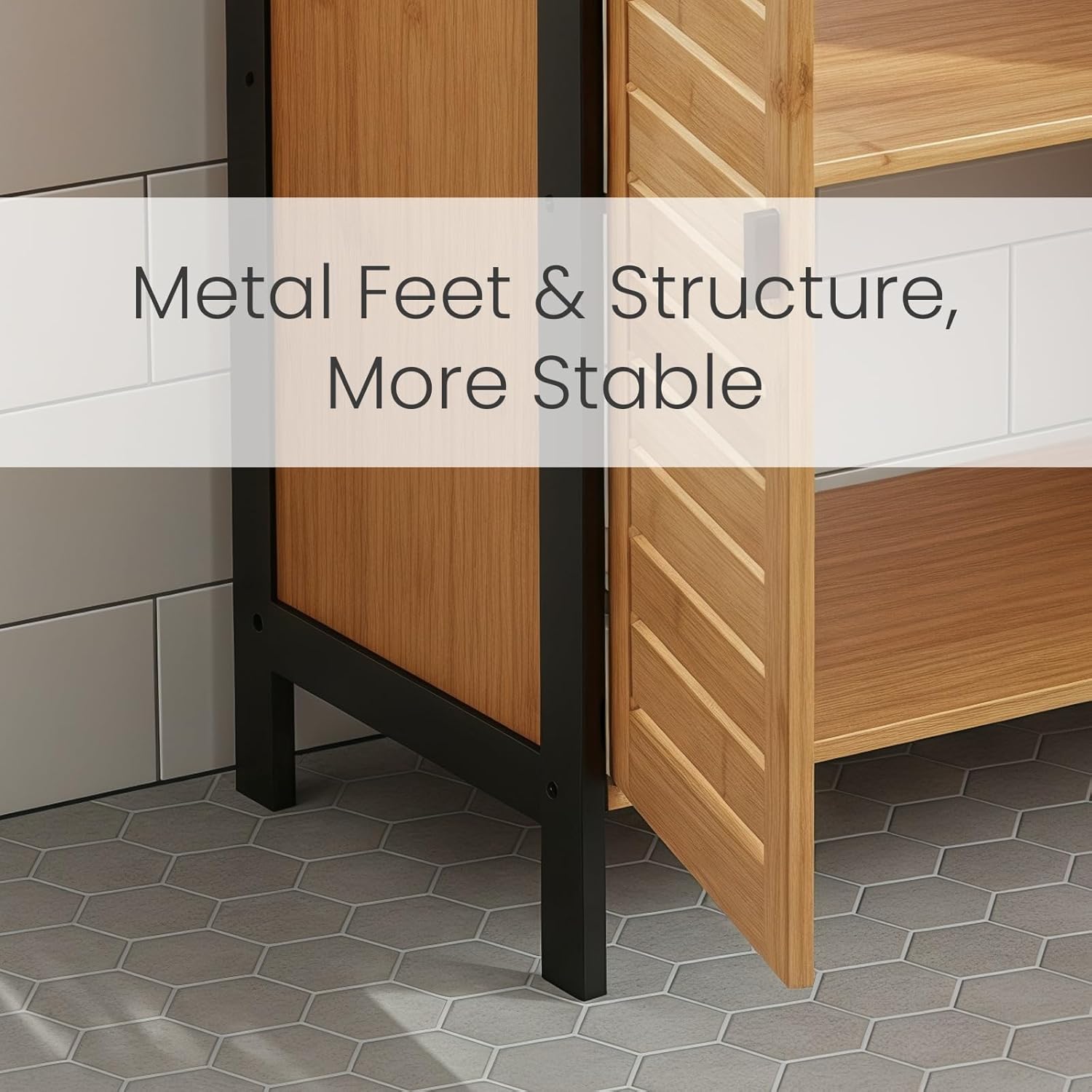 24" Bamboo Pedestal Under Sink Storage Vanity Cabinet, Solid Waterproof Sliding Door Bathroom Organizer with Adjustable Shelf, Modern Bathroom Furniture(Top Cutout, Not for Floor Drain)