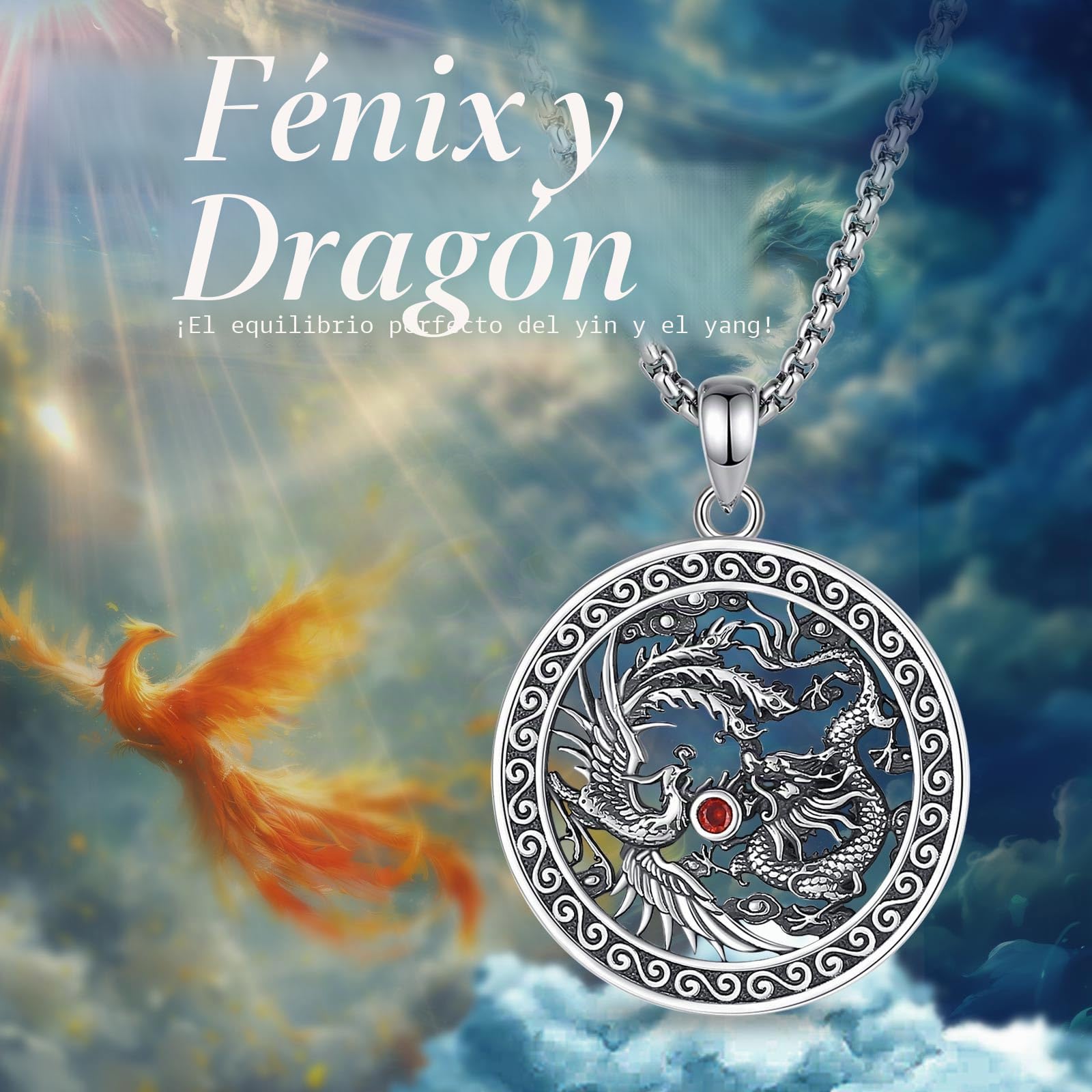 CELESTIA Colgante Dargon y Fénix Mujer Hombre Collar Yin Yang Plata de Ley 925 Turquesa Joyería Regalos para Pareja Madre y Padre- Cadena Acero Inoxidable