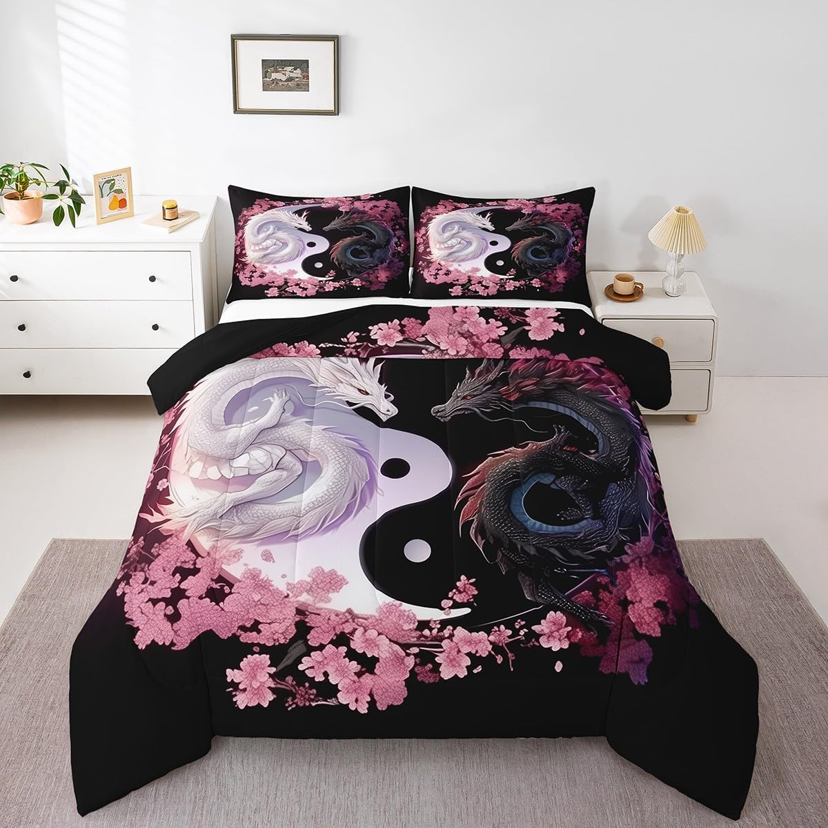 Feelyou Dragon Bedding Set Queen Size Kids Yin Yang Comforter Set Cherry Blossoms 3D Dragon Ancient Wildlife Couple Lover Comforter for Room Decor Romantic Duvet Set with 2 Pillow Case
