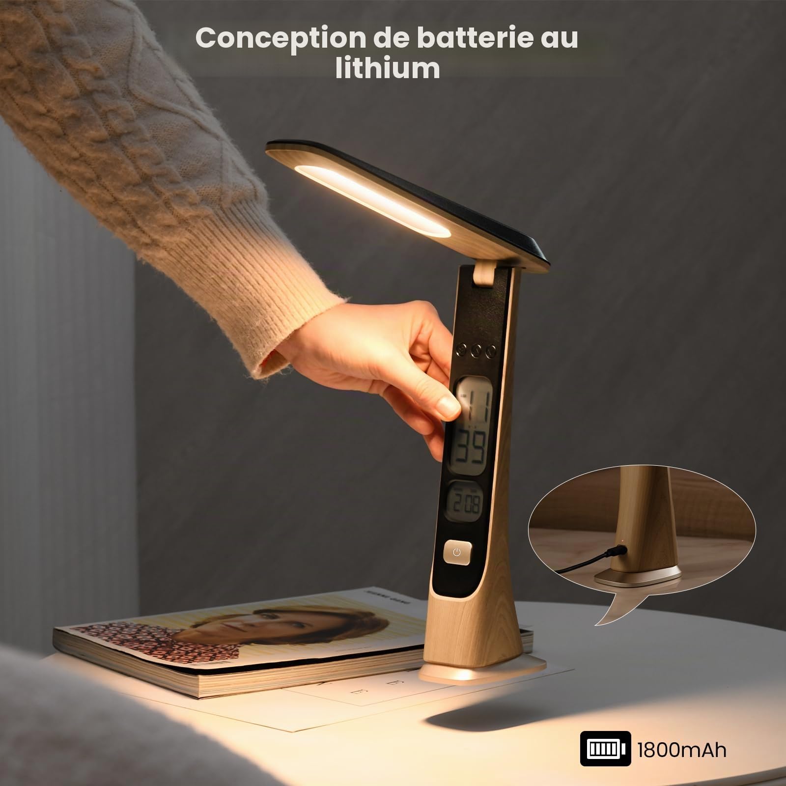 Lampe de bureau LED rechargeable, Lampe de Chevet Tactile à intensité variable avec batterie horloge affichage numérique heure activées par le toucher Portable pour la maison, la lecture,le bureau