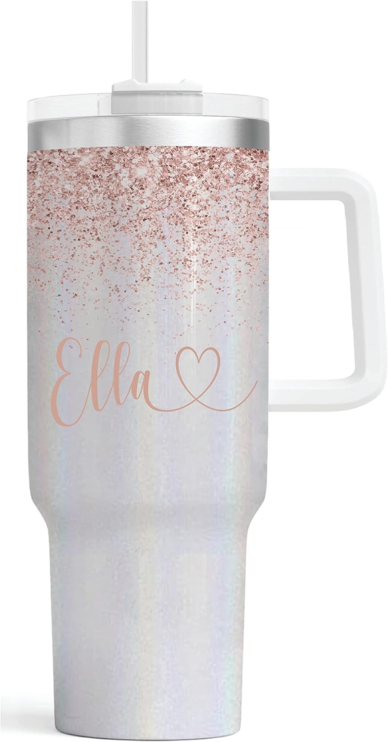 40oz Personalized Tumbler With Handle | Stainless Steel Insulated | Travel Mug | Double Wall Coffee Cup for Hot and Cold Drinks | Pink Glitter Effect with Name | Custom 40 oz Tumblers - Image 6
