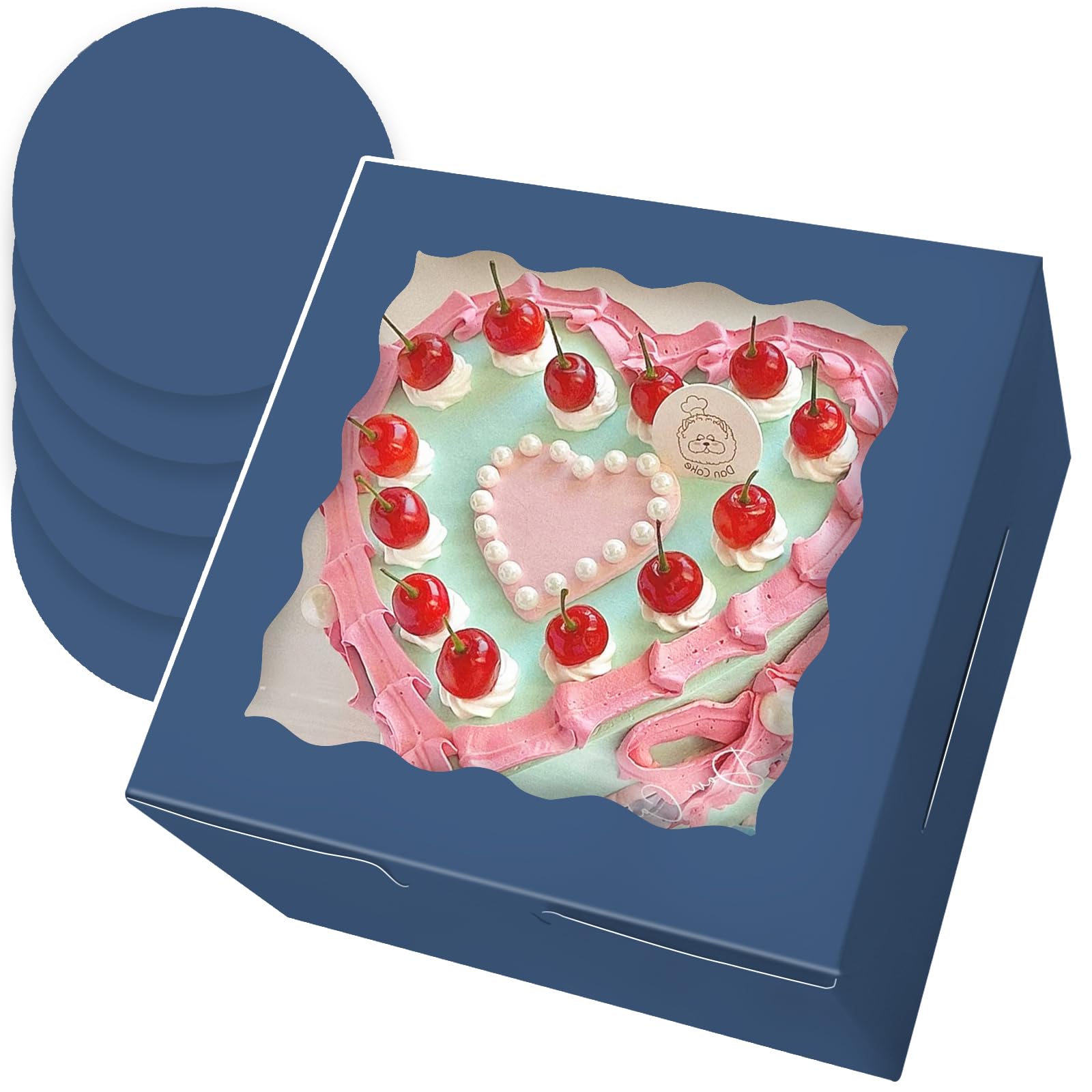 Bakepacker 36pcs 8x8x5 Inches Cake Boxes with Window 18-Packs Ink Blue 8 Inch Bakery Boxes (18 Cake Boxes +18 Cake Boards Included)