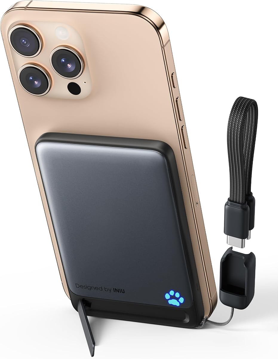 INIU for MagSafe Portable Charger, Ultra Slim 5000mAh Magnetic Power Bank, Qi2 Certified 15W Fast Charging, with USB C Cable & Stand, MagSafe Compatible Battery Pack, for iPhone 17 16 15 14 13 12 Only