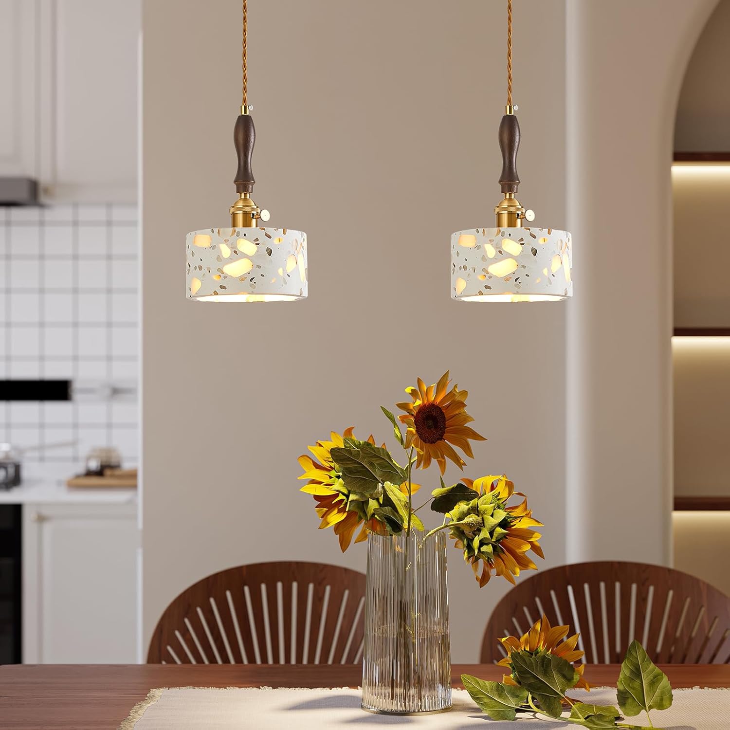 Modern terrazzo Pendant Light Fixture,Stone Pendant Lights with Wood Accent,Vintage Farmhouse Chandelier for Kitchen Island Dining Room Living Room Bedroom Restaurant Cafe