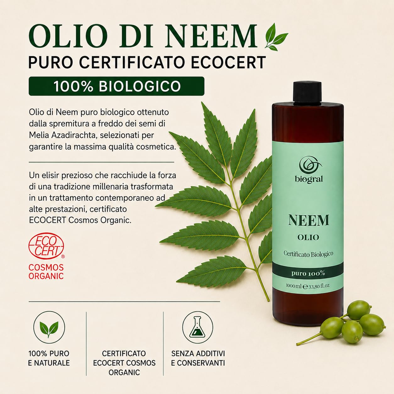Olio di Neem per Persone 1 Litro per Pelle, Capelli e Unghie Olio di Neem Puro Spremuto a Freddo e Filtrato al Carbonio Certificato ECOCERT e BIOCERTITALIA Argan Italia