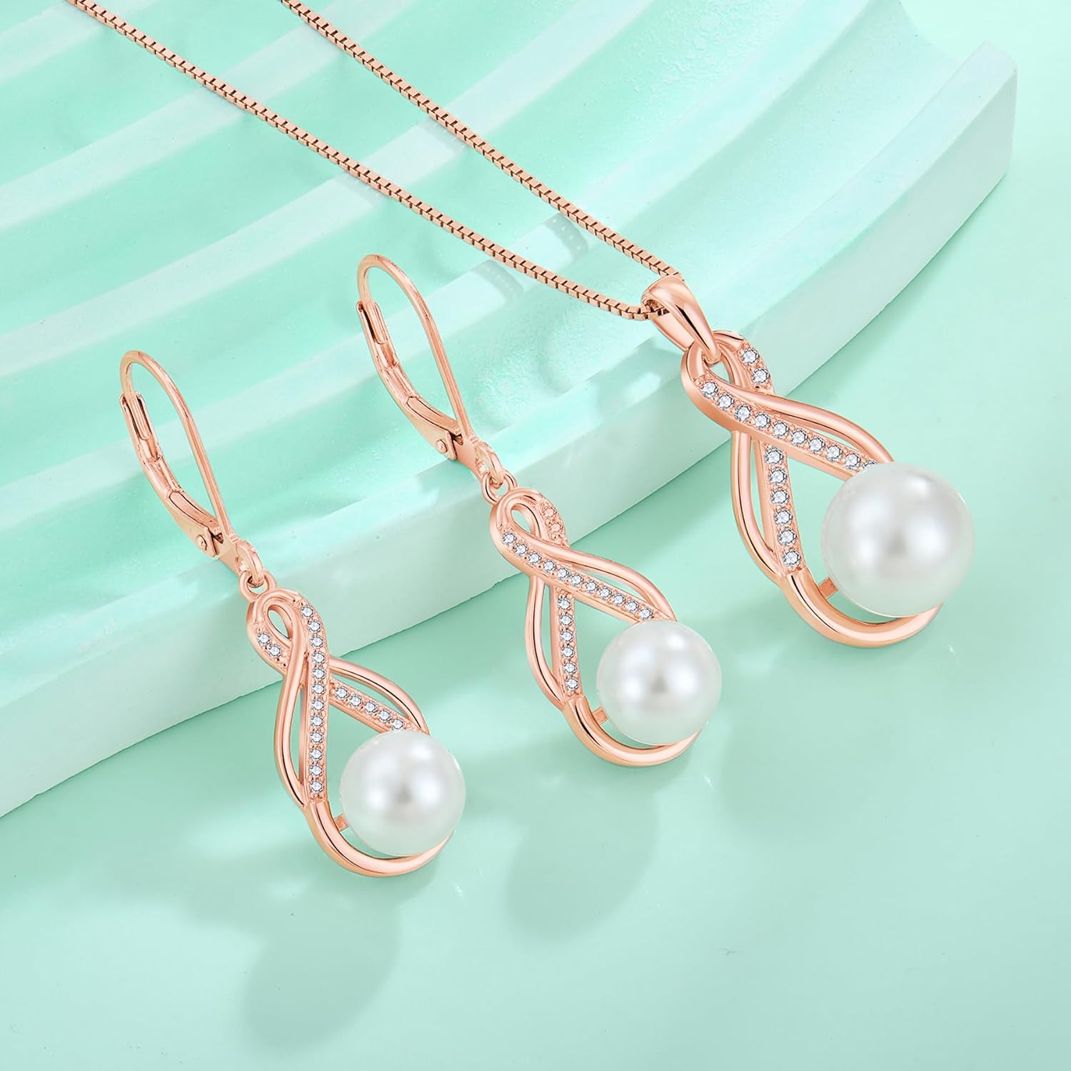 Pearl Dangle Drop Earrings 925 Sterling Silver Infinity Leverback Earrings with 8MM White Pearl Jewelry Gifts for Women - Image 5