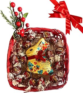 Lindt Lindor Idee Regalo - Festa della Mamma - Cesto + Gold Bunny Lindt al Latte 100g + Praline Lindor Doppio Cioccolato 200g + Ramo Artificiale