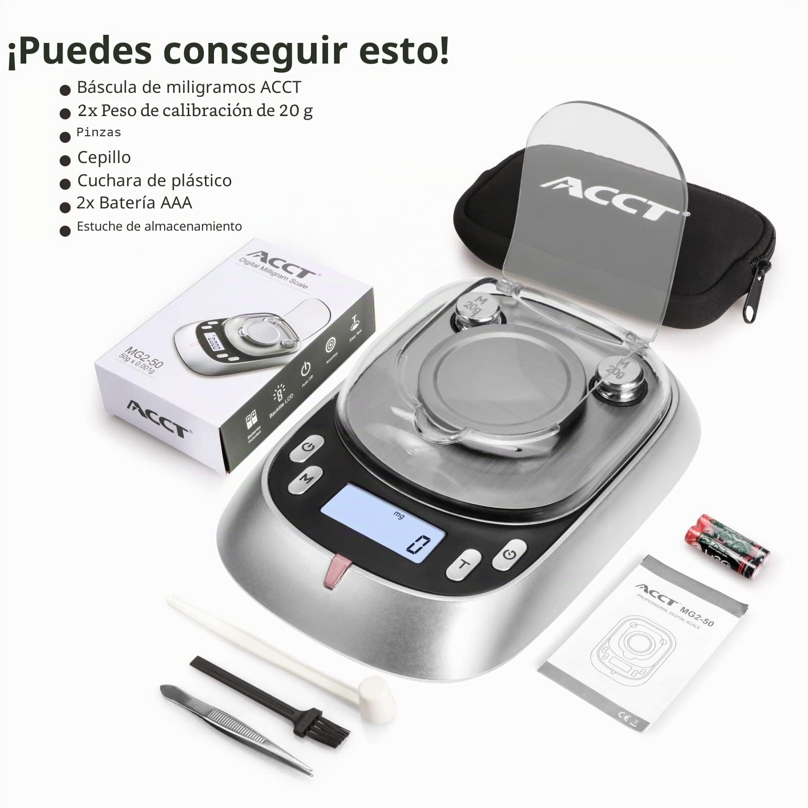 Báscula de miligramos, 50 g-0,001 g, 7 unidades, báscula de alta precisión con retroiluminación LCD, escala de mini gramos con función de tara, escala mg para polvo, oro, joyas (pilas incluidas)