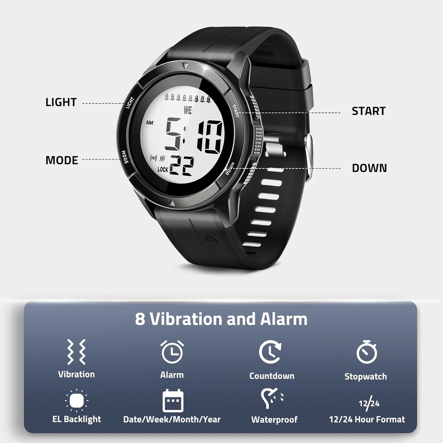 TICCI Men Unisex 8 Vibrating Alarms Watch for Elderly Seniors, Medication Aids Pill Reminder, Big Digits, Waterproof, Vibra Alert Notification,