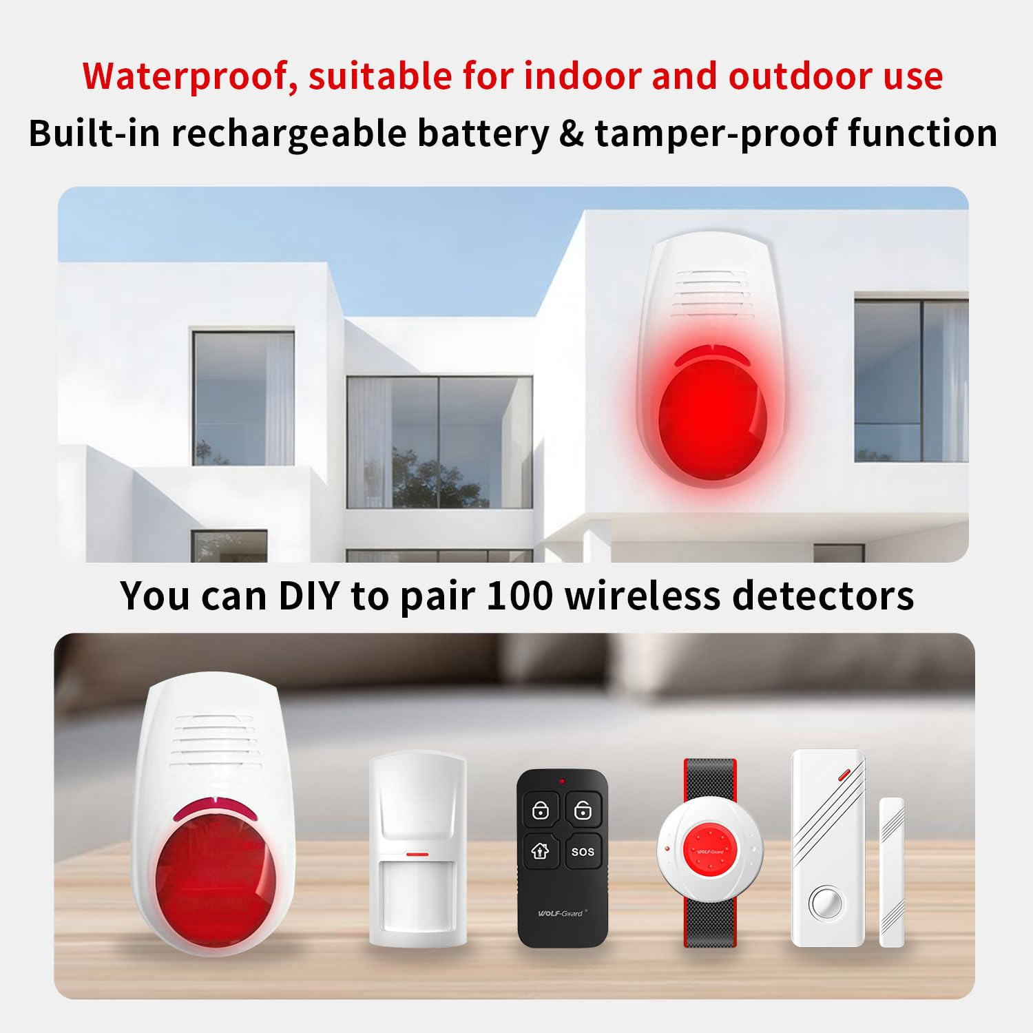Wolf Guard W03-JA03 drahtlose Strobe blinkende Sirene Alarm-Kit wasserdicht Outdoor-Panik-Warnsystem für Business Home Shop Hotel Schule, SOS Notfall-Tasten, Remote-Tasten (Siren with SOS panics)