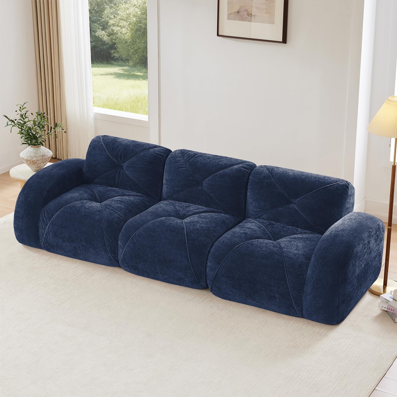Blue 3-Seater Sectional Couches for Living Room, Velvet Fabric Boneless Couch in a Box, No Assembly Cloud Modular Sectional Sofa, Foam Couch Compressed Sofa Set for Apartment, Sofas para Sala (Missing arms)