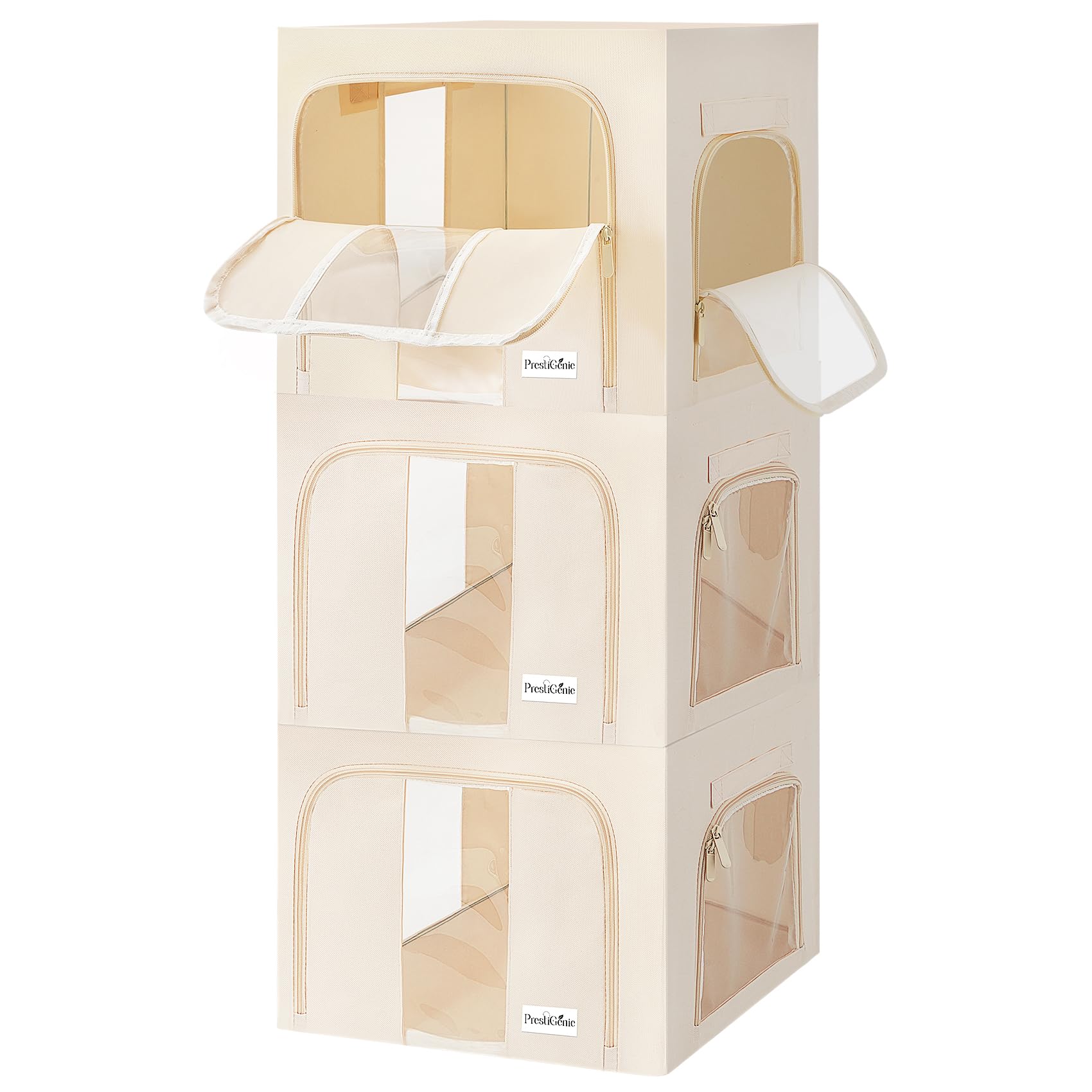 Lot de 3x 66L Sac de rangement vetement penderies rigide en tissu - Organisateur vetement - Boite de rangement vetement Couverture et oreiller avec Fenêtre transparente