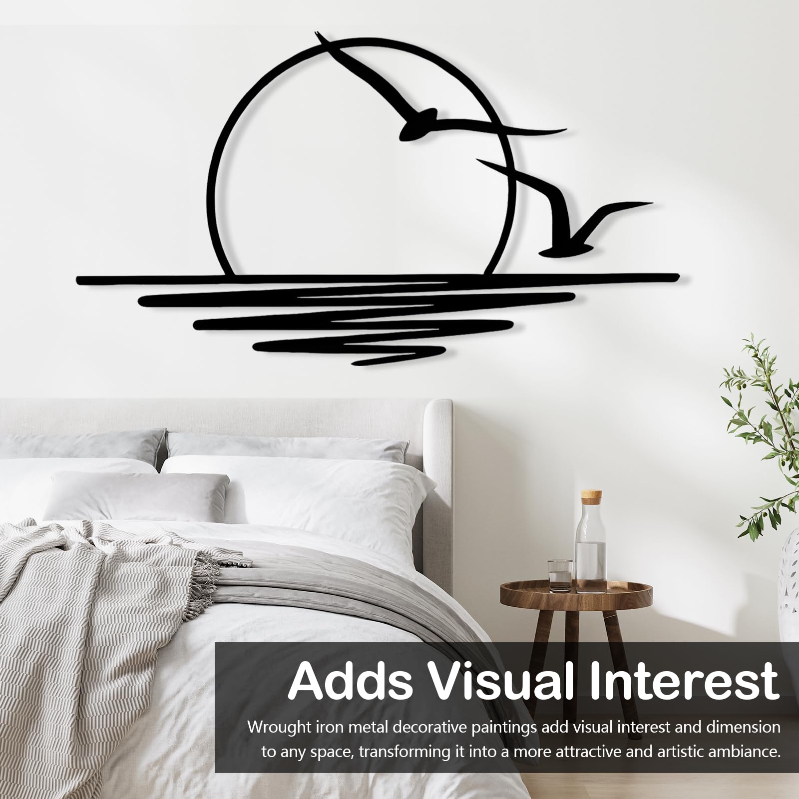 Wanddeko, 100 x 50 cm Schwarz Metall Wanddeko, wunderschöne Wanddekoration mit Möwen und Sonnenaufgang Muster, minimalistische Linienkunst Wandornament Hängen Dekor für Wohnzimmer, Schlafzimmer, Büro